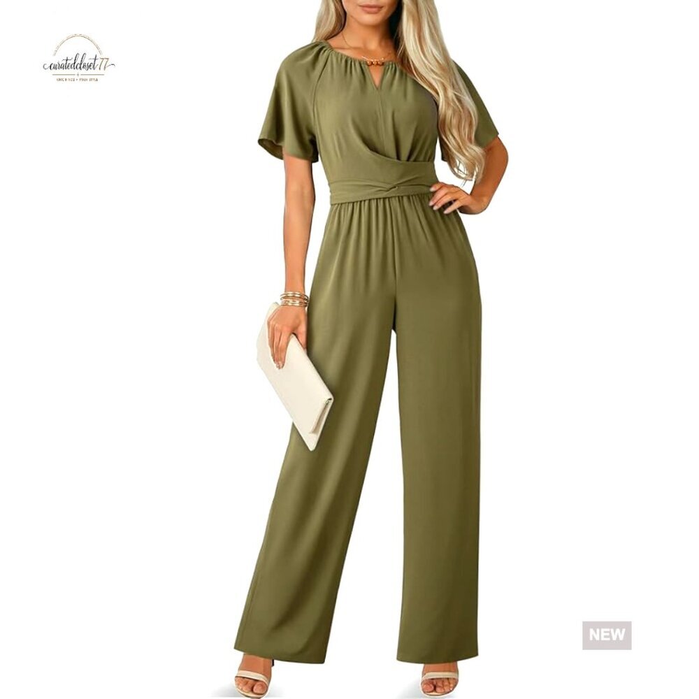 Wide Leg Jumpsuit with Pockets, Short Sleeve, Loose Fit, Polyester
